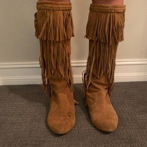 SAM EDELMAN COGNAC BROWN SUEDE TASSEL FRINGE